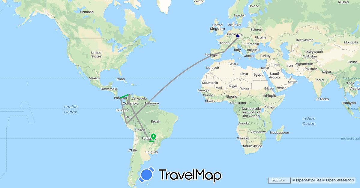 TravelMap itinerary: driving, bus, plane in Colombia, Czech Republic, Spain, Panama, Peru, Paraguay (Europe, North America, South America)