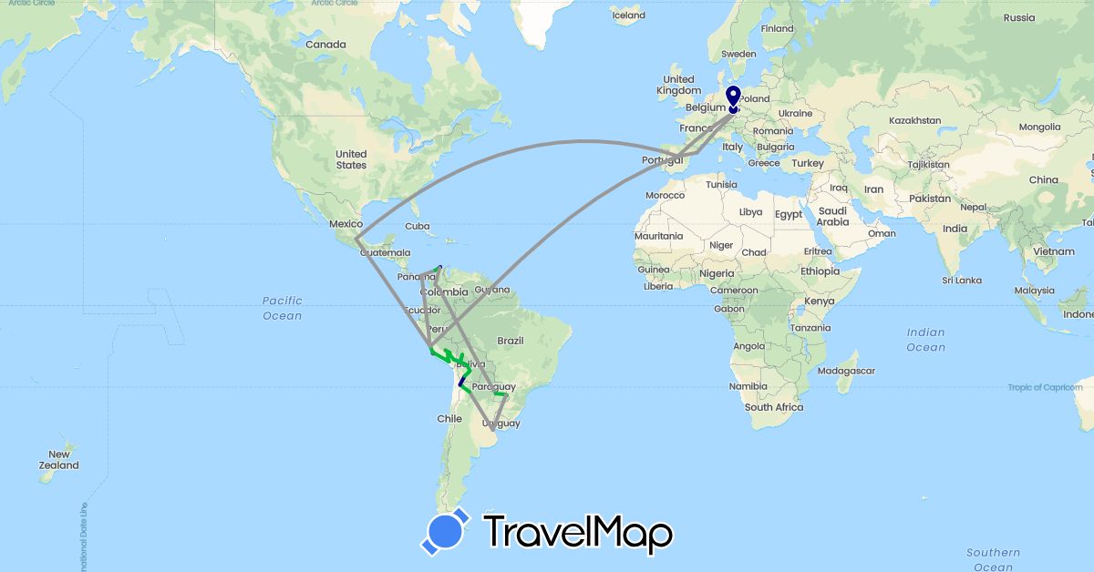 TravelMap itinerary: driving, bus, plane, hiking, boat, motorbike in Argentina, Bolivia, Brazil, Chile, Colombia, Czech Republic, Spain, Mexico, Panama, Peru, Paraguay (Europe, North America, South America)